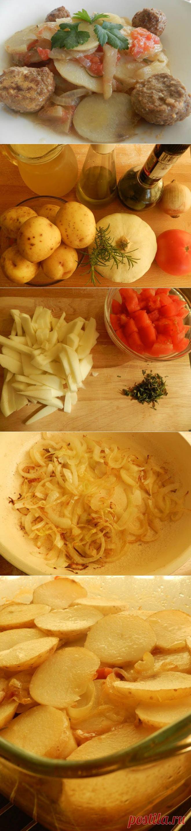 Картофель с патиссонами, луком и помидорами