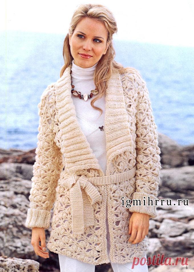 Шерстяной жакет кремового цвета с цветочным узором. Крючок