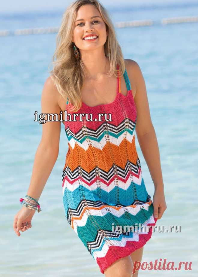 Разноцветный летний сарафан с зубчатыми узорами. Вязание спицами