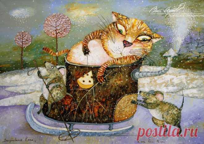 Ким Галина, Выгуливание кота, маслом на холсте, 40 х 50 см, 2011