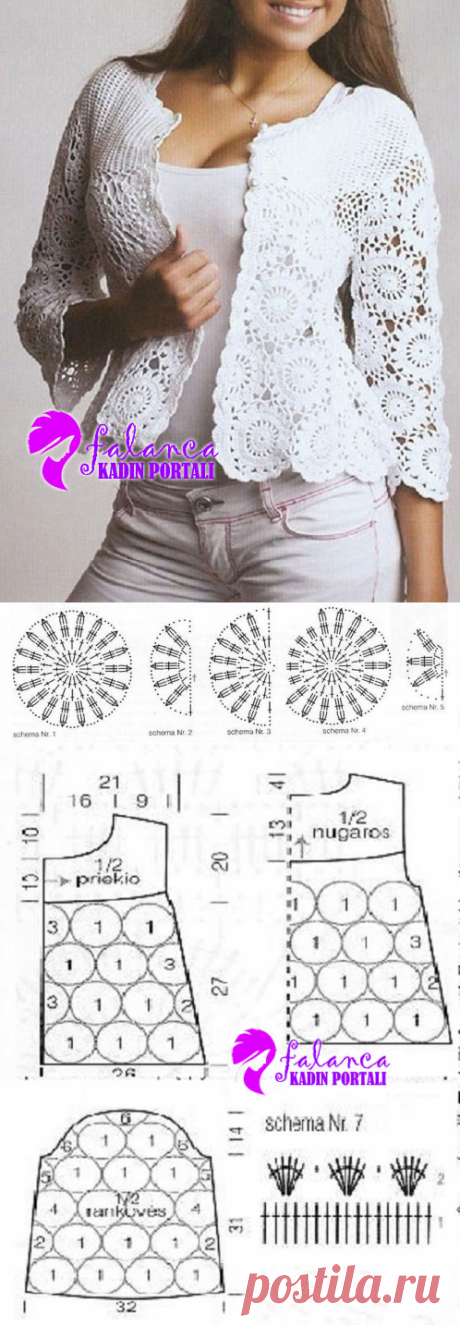 Белоснежный жакетик мотивами вязаный крючком |