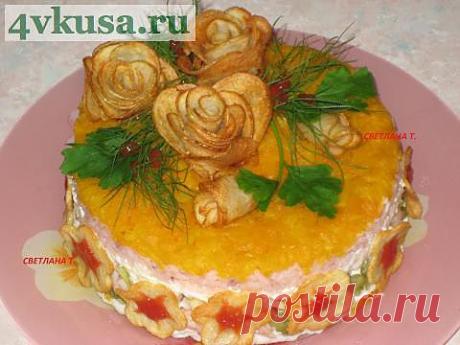 Салат &quot;Праздничный&quot;

Состав:
Морковь вареная
Рис отваренный
Кальмары
Майонез
Вареные яйца
Соленый огурец
Кисло-сладкое яблоко
Картофель для украшения.
Пропорции - на глаз)))