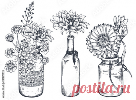 "bouquets With Hand Drawn Flowers And Plants In Vases Jars." Stock 101