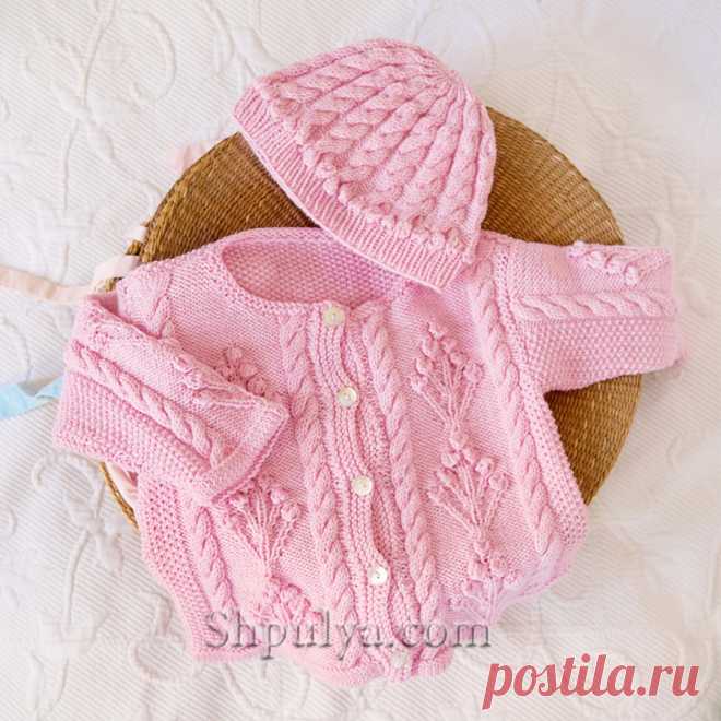 Розовый комплект спицами для девочки 1-9 месяцев