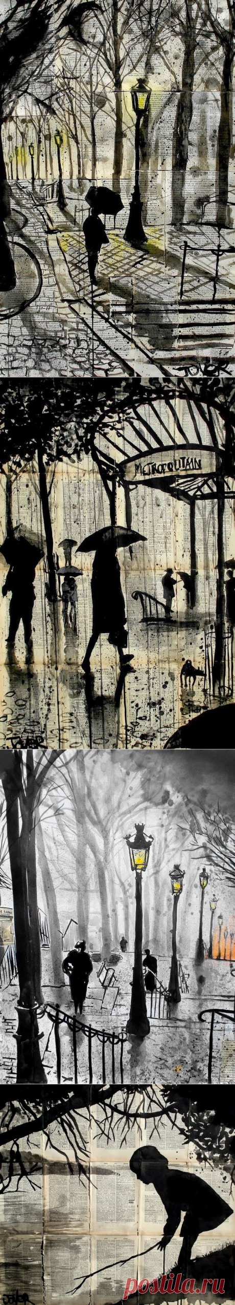 Австралиец (когда-то эмигрант из Европы) Loui Jover умеет писать картины чернилами. Полотном для его произведений искусства служит не что иное, как обычные старинные страницы из книг. Свое предпочтение творец отдает изображению женских лиц, которые появляются на бумаге очень изысканными в минималистичном стиле на особой фактуре листов из книг, в черно-белых контрастах. Loui Jover включает в свои женские образы целую гамму переживаний.