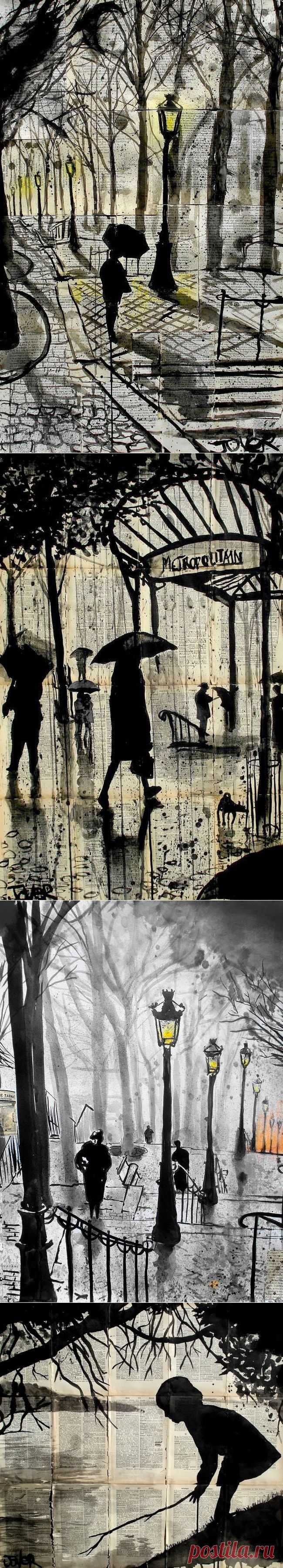 Австралиец (когда-то эмигрант из Европы) Loui Jover умеет писать картины чернилами. Полотном для его произведений искусства служит не что иное, как обычные старинные страницы из книг. Свое предпочтение творец отдает изображению женских лиц, которые появляются на бумаге очень изысканными в минималистичном стиле на особой фактуре листов из книг, в черно-белых контрастах. Loui Jover включает в свои женские образы целую гамму переживаний.