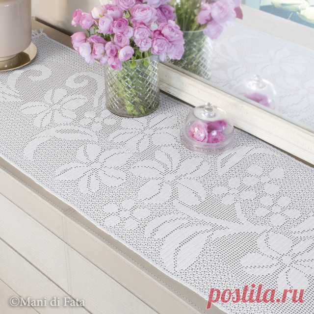 Scheme to realize the crochet filet runner with flowers and fringes