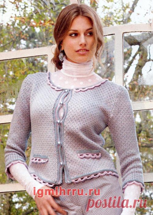 ЭЛЕГАНТНЫЙ ЖАКЕТ ИЗ ДВУХЦВЕТНОГО УЗОРА И С ОТДЕЛКОЙ КРЮЧКОМ.Вязание спицами и крючком