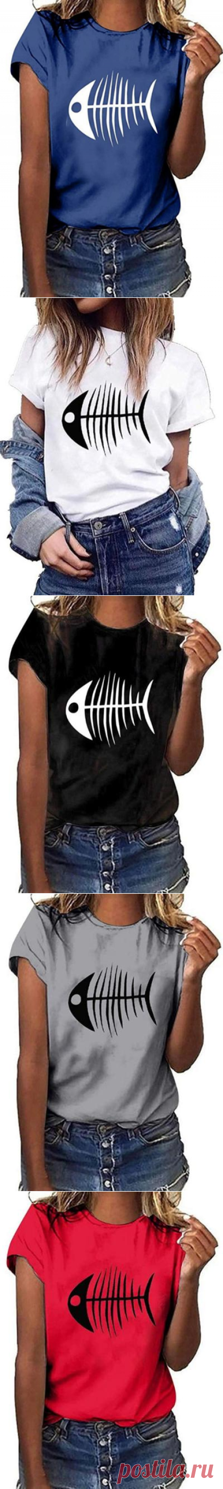 $ 17.96 - Fishbone print short-sleeved round neck T-shirts tops - www.clothingi.com