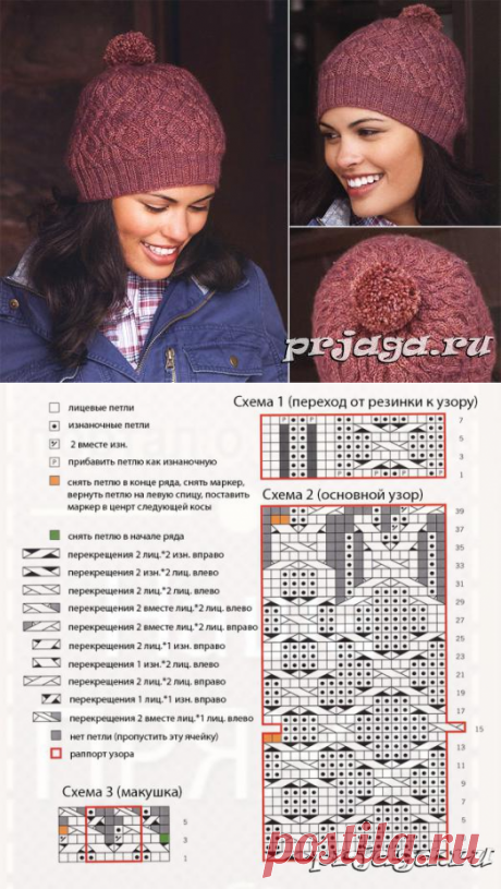 Схема вязания женской шапки спицами