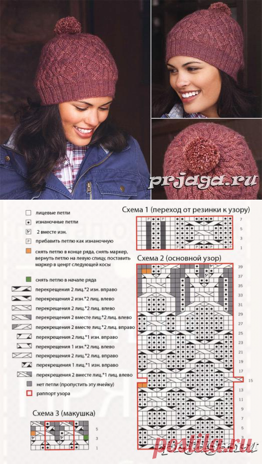 Схема вязания женской шапки спицами