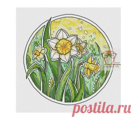 Floral Round Cross Stitch Daffodils Embroidery Pdf Pattern FF8