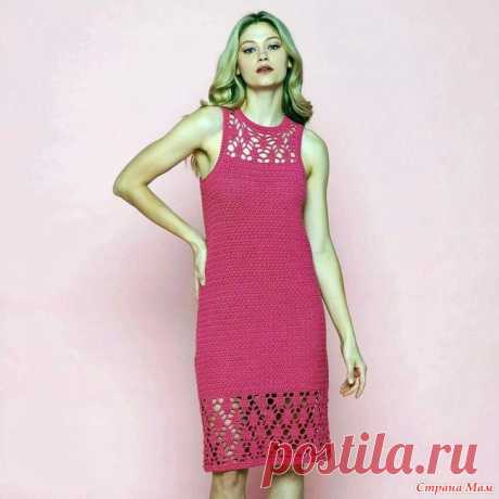 Малиновый сарафан с кружевной отделкой по низу и в районе декольте. Европейские размеры: XS/S (M) L (XL). Российские размеры: 40/42 (44) 46 (48). Для вязания нам потребуется 4 (5) 6 (7) мотков малиновой пряжи: 100% мерсеризованный хлопок; 250 м/100 г.