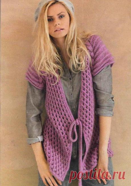 Жакет с короткими рукавами-реглан спицами. 3 размера.