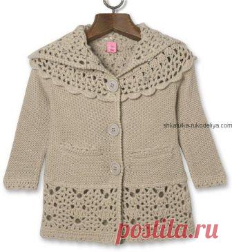 Вязаный жакет для девочки Жакет для девочки спицами и крючком. Красивая моделька жакета для девочки 2 лет. Основным украшением жакета является красивый ажурный воротник.…