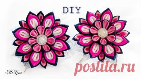 Резинки канзаши, МК / Простые канзаши / DIY Scrunchy with Kanzashi flower Для пары резинок понадобится: Лента атласная ширина 5 см -темно-синяя- 80 см Лента атласная ширина 4 см - розовая (репс) - 70 см - белая – 70 см Лента атласн...
