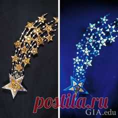 This comet design brooch of gold set with colorless and fancy colored diamonds showers sparks when exposed to UV light.