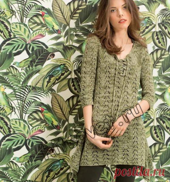 Туника со шнуровкой - Хитсовет Туника со шнуровкой. Модная модель ажурной женской туники с косами и шнуровкой со схемой и бесплатным описанием вязания.