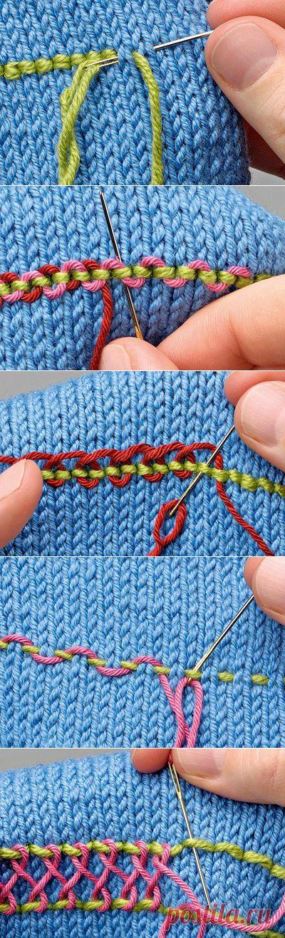 Вышивка полос на трикотаже.