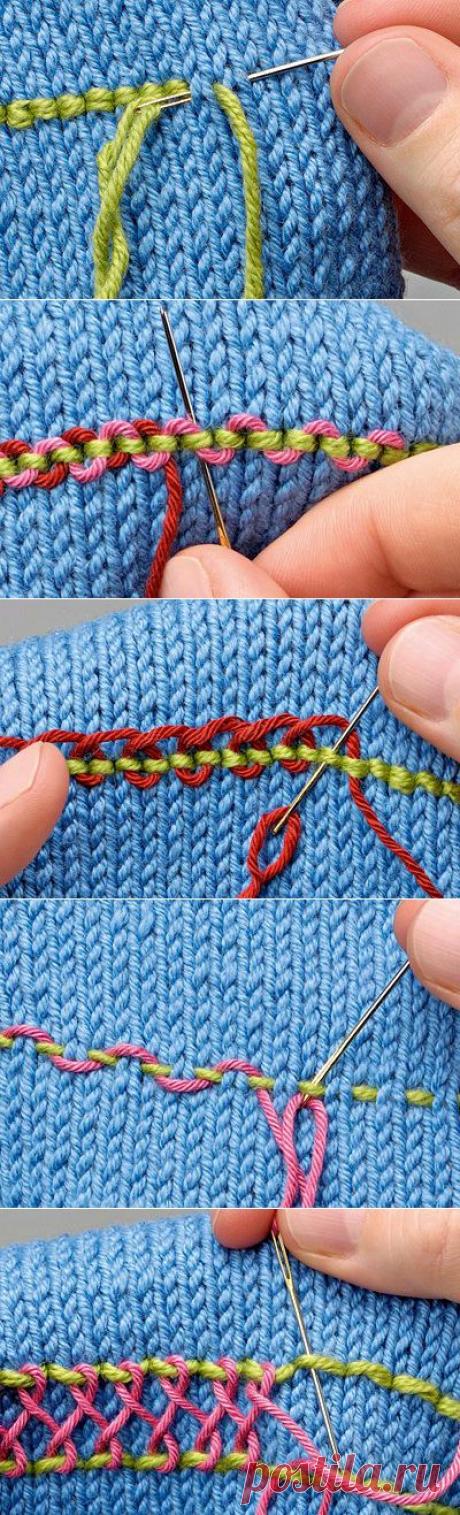 Вышивка полос на трикотаже.