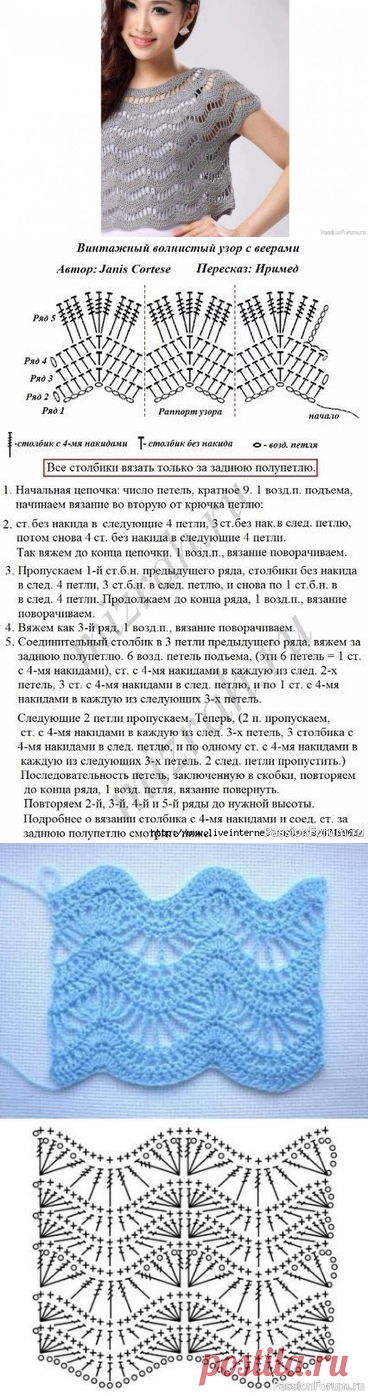 Винтажный волнистый узор с веерами | Вязание крючком для начинающих