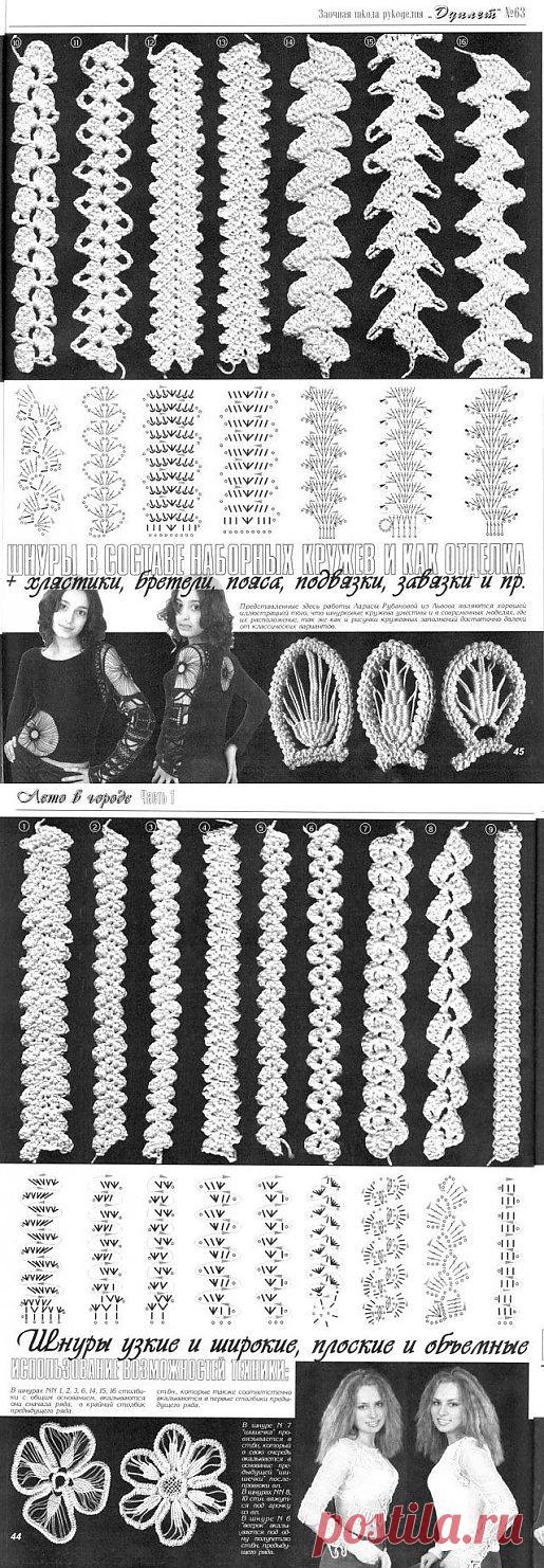 ШНУРЫ В СОСТАВЕ НАБОРНЫХ КРУЖЕВ И КАК ОТДЕЛКА... хлястики, бретели, пояса, завязки....
