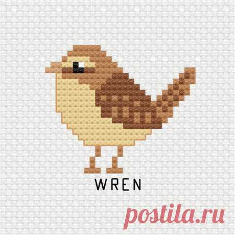 a cross stitch bird with the word wren on it's chest and legs, standing in front of a white background