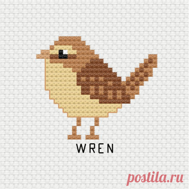 a cross stitch bird with the word wren on it's chest and legs, standing in front of a white background