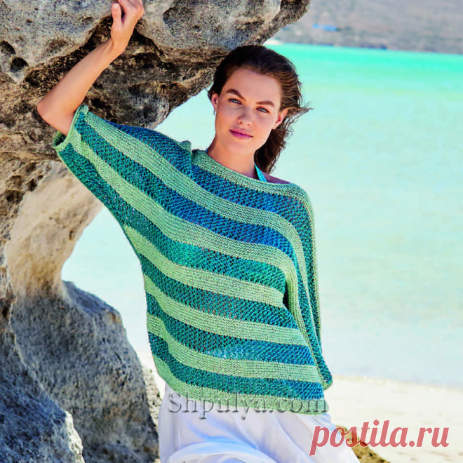 Полосатый вязаный пуловер, сочетающий платочную вязку с ажурными рядами, создает атмосферу непринужденности. Широкие рукава «летучая мышь» не сковывают движений, а пряжа из вискозы, хлопка и льна дарит прохладу даже в жару.