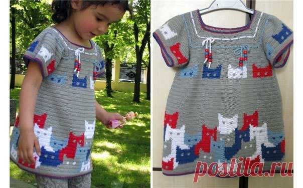 Платье с котятами для девочки. Схема