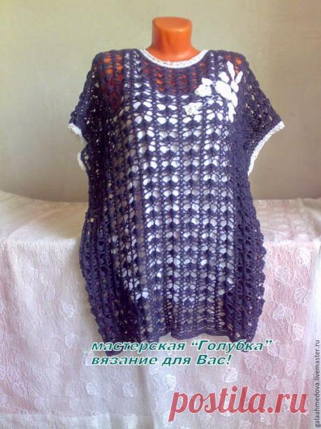 Купить Хлопковая туника-накидка "Любава" ручной работы - тёмно-синий, летняя туника, оверсайз