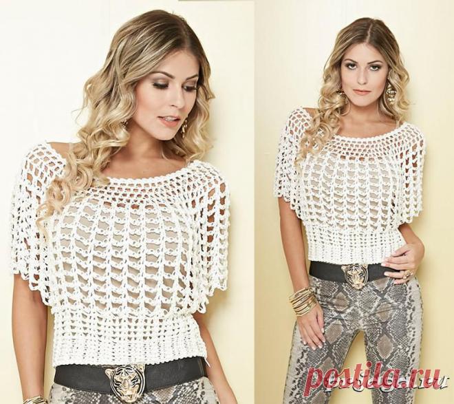 Ажурная блузка крючком из петель Соломона и V-столбиков