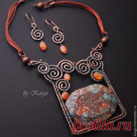 Купить Сердолик - рыжий, колье, медь, оранжевый, Сердолик, подарок, wire wrap, медь, сердолик