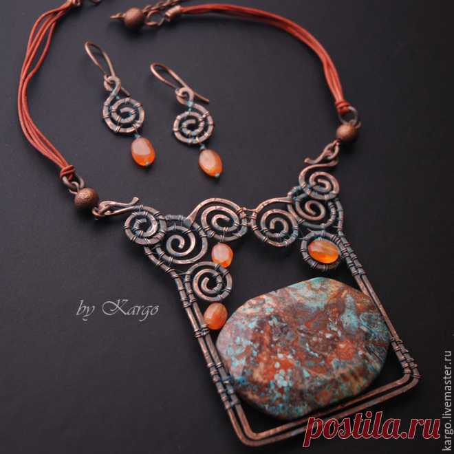 Купить Сердолик - рыжий, колье, медь, оранжевый, Сердолик, подарок, wire wrap, медь, сердолик