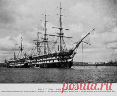 HMS Lion and Implacable re-photographed from a book by J.Welch & Sons Marine Photographers, Portsmouth circa 1899. HMS Lion was a two-deck 80-gun second rate ship of the line of the Royal Navy, launched on 29 July 1847 at Pembroke Dockyard.  In 1871 Lion was activated as a training ship and was sold out of the navy for breaking up in 1905.
