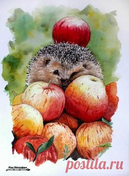 Рисуем ёжика с яблоками