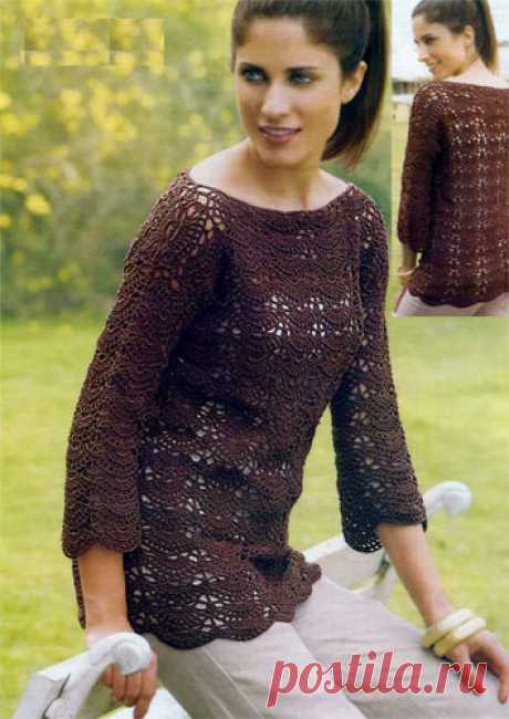 шоколадно-коричневый пуловер узором ракушки