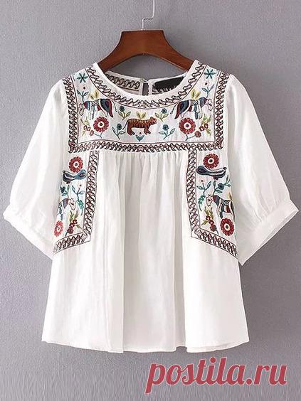 White Embroidery Elbow Sleeve Keyhole Blouse