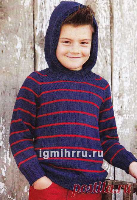 Для мальчика 4-10 лет. Пуловер в полоску с капюшоном. Вязание спицами для мальчиков со схемами и описанием