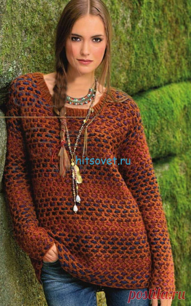 Вязание пуловера крючком филейным узором - Хитсовет Вязание пуловера крючком филейным узором. Для вязания пуловера Вам потребуется: 300 (350) 400 г рыжей пряжи Yak Merino (30% овечьей шерсти, 28% шерсти альпака, 22% полиамида, 20% шерсти яка, 110 м/50 г); 150 г сине-рыжей пряжи секционного крашения Loop (80% овечьей шерсти, 20% полиамида, 50 м/50 г); крючок и круговые спицы № 7.