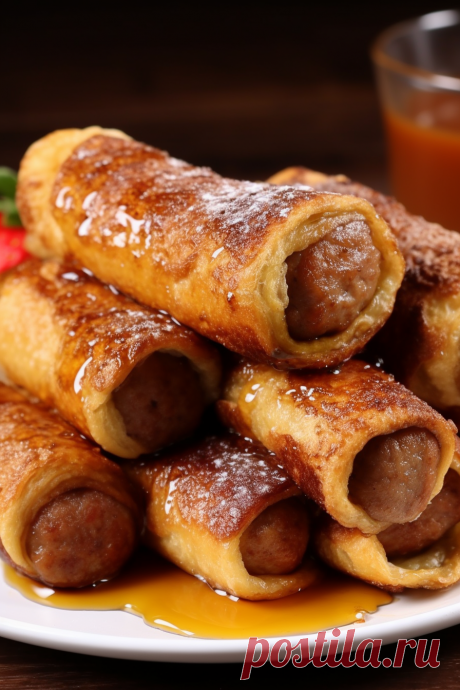 Sausage French Toast Roll-Ups Indulge in a unique blend of savory sausages and sweet French toast with "Sausage French Toast Roll-Ups." Main ingredients: sandwich bread, cooked sausage links, eggs, milk, cinnamon, vanilla extract, unsalted butter.