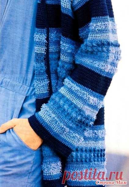Кардиган в полоску из пряжи разных фактур в синих оттенках. Крючок. - ВЯЗАНАЯ МОДА+ ДЛЯ НЕМОДЕЛЬНЫХ ДАМ - Страна Мам