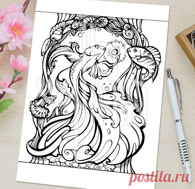 Adult coloring page with a fabulous Golden Fish in Art Nouveau | Etsy