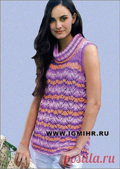 Ажурный топ из секционно окрашенной пряжи в розово-персиковых тонах, от финских дизайнеров. Спицы.