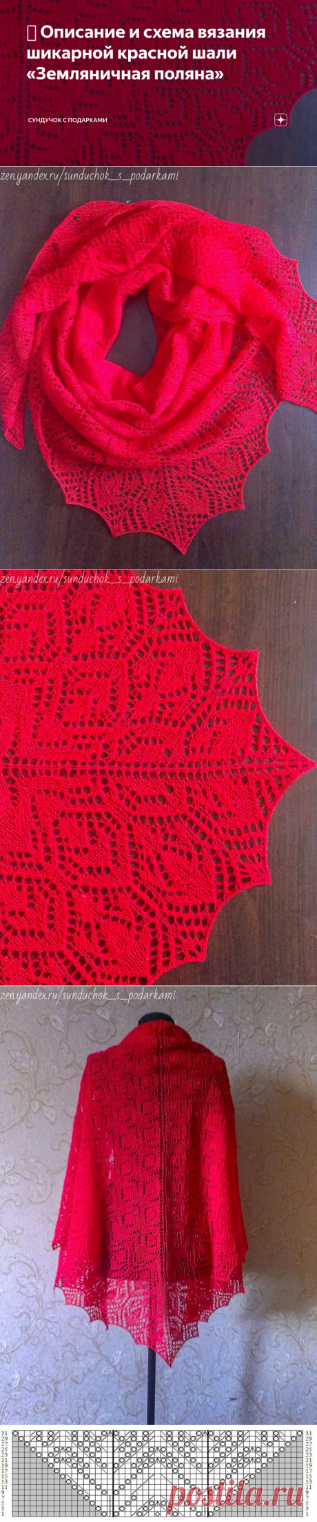 🧶 Описание и схема вязания шикарной красной шали «Земляничная поляна» | Сундучок с подарками | Яндекс Дзен