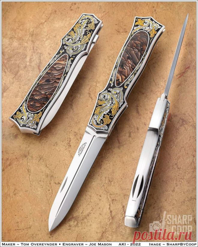 Нож складной от Tom Overeynder. Гравировка от Joe Mason. Гравировка. Растительный орнамент. Всечка золотом.
