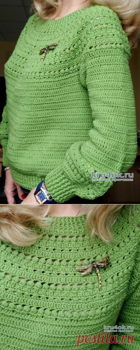 Джемпер с круглой кокеткой, связанный крючком. Работа Елены Шевчук