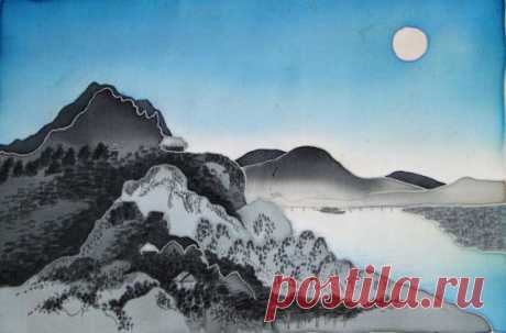 Original Painting on Silk - NIGHT - Cold batik. Free shipping. MADE TO OrDeR Japanese landscape
