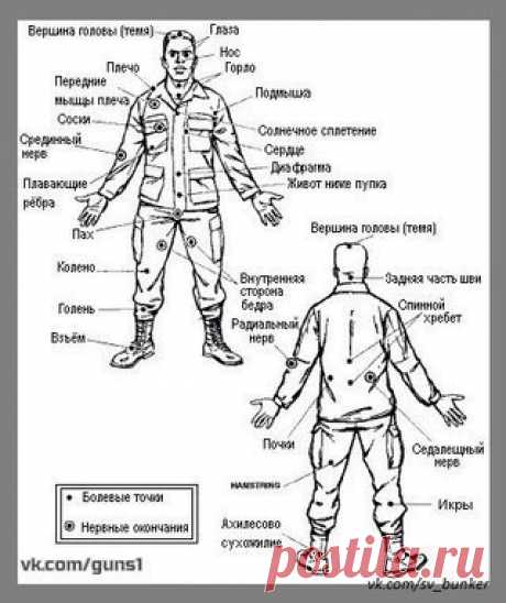 КОНТАКТ С ПРОТИВНИКОМ. УЯЗВИМЫЕ ТОЧКИ ТЕЛА. 

В физической схватке с противником важно все. 
поэтому нужно знать уязвимые точки на человеческом теле. 

К зонам, где находятся уязвимые точки корпуса, относятся : промежность, солнечное сплетение, ребра, сердце, печень, селезенка, подмышки, почки, копчик. (см. точки на рис 1) 

*** 
ПРОМЕЖНОСТЬ 

Через область промежности проходит много крупных сосудов и нервов, выше располагаются половые органы, которые сами по себе очень чу...