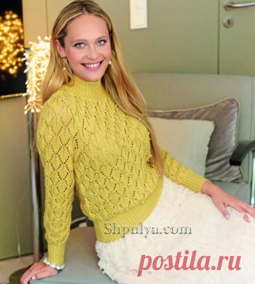 Ажурный пуловер воротником-стойкой и бусинами — Shpulya.com - схемы с описанием для вязания спицами и крючком